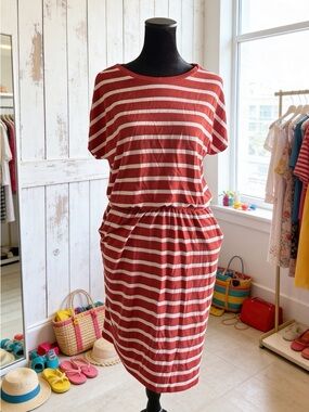 Banana Republic Red and White Striped Casual Waist Cinched Knit Dress Size S YT7